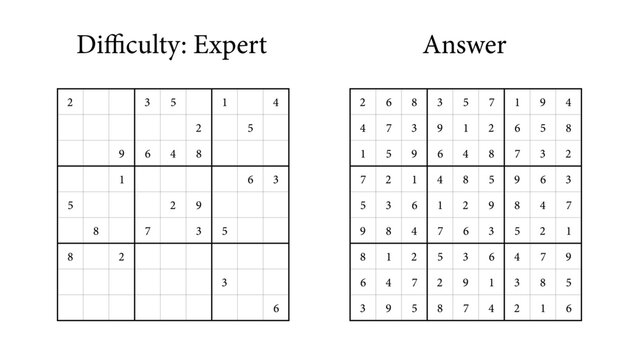 Sudoku puzzle and solution with expert difficulty layout  