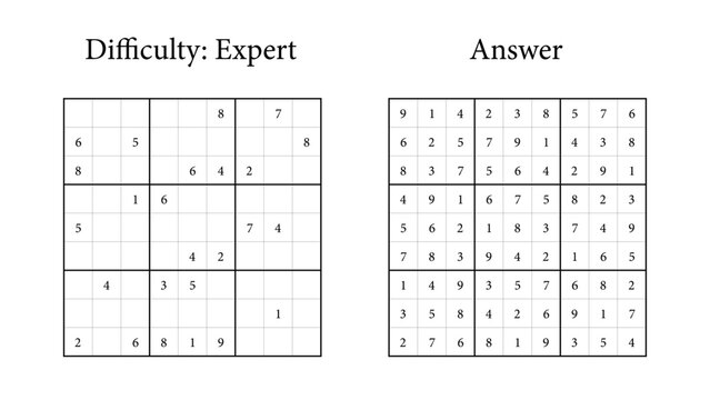 Expert Sudoku puzzle and solution grid layout  