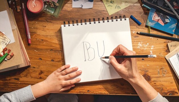 Top view of mother's hand guiding child's hand to write letters B U with pencil on spiral notebook on wooden desk. 