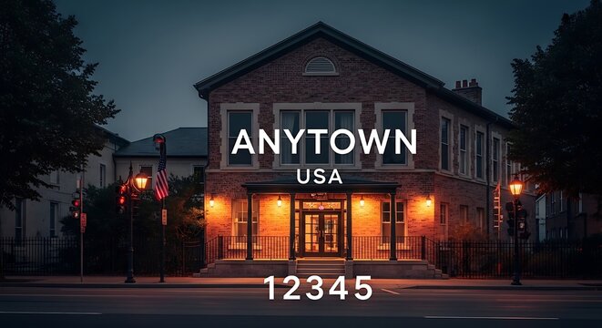Historic Brick Building Illuminated at Dusk on Quiet Small Town Street