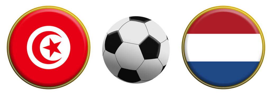 Glossy football themed emblem featuring Tunisia and Netherlands flag buttons beside a classic soccer ball on a white background, symbolizing an international football rivalry match.