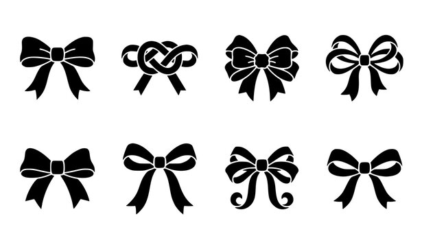 Minimal black bow vector silhouettes with festive ribbon gift wrapping and holiday decor icons