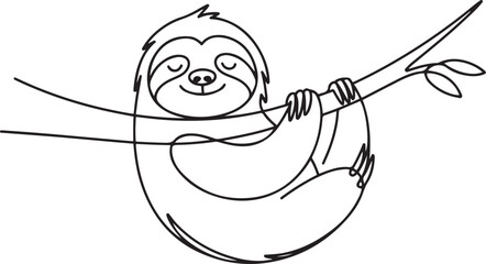 Obraz premium slow cute sloth hanging at limb tree for logo identity. Marsupial animal mascot concept for pet lover club icon. one line art icon drawing vector