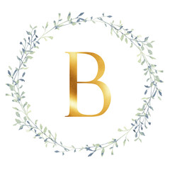 Obraz premium Elegant watercolor botanical monogram with delicate blue green leaves and golden letter B, minimalist floral illustration for wedding branding and stationery