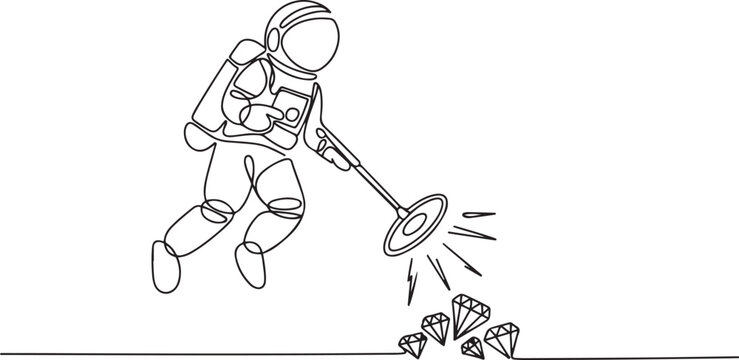 astronaut with metal detector looking for pile of diamonds. Spaceman hunter finding precious stone. Cosmonaut outer space. one line art icon drawing vector