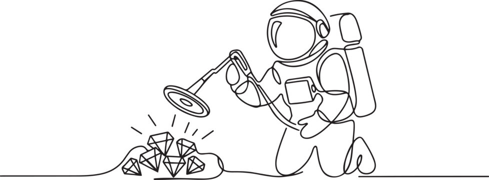 astronaut with metal detector looking for pile of diamonds. Spaceman hunter finding precious stone. Cosmonaut outer space. one line art icon drawing vector
