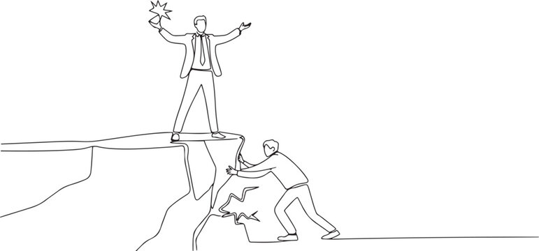 businessman standing on a cliff lifting a star. An envious friend, eating away at success from the inside to fall down. one line art icon drawing vector