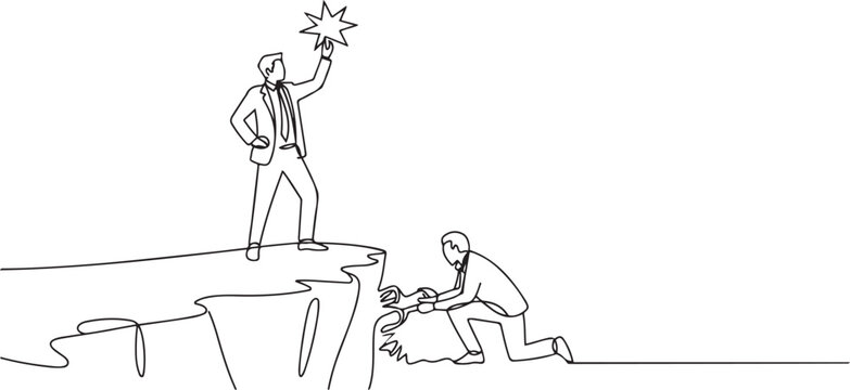 businessman standing on a cliff lifting a star. An envious friend, eating away at success from the inside to fall down. one line art icon drawing vector