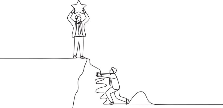 businessman standing on a cliff lifting a star. An envious friend, eating away at success from the inside to fall down. one line art icon drawing vector