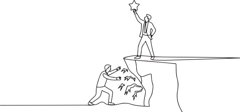 businessman standing on a cliff lifting a star. An envious friend, eating away at success from the inside to fall down. one line art icon drawing vector