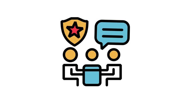Animated secure business roundtable conference icon protected by a safety shield with a star.