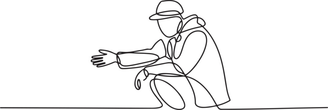 A homeless man asks for money on the street. one line art icon drawing vector