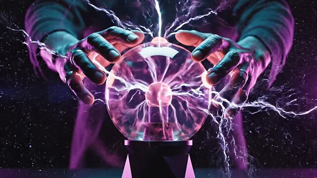Hands surrounding crystal ball with electrical plasma inside on dark background