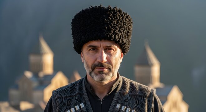 Portrait of a Georgian man, Georgia Caucasus, wearing a heavy wool chokha vest and fur papakha hat, proud and confident facial expression