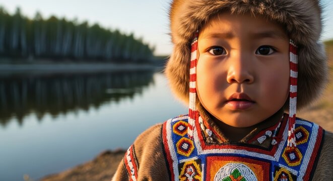 Portrait of a little Evenki boy, Siberia, reindeer skin caftan with ethnic embroidery, curious and attentive expression, river landscape, Russia