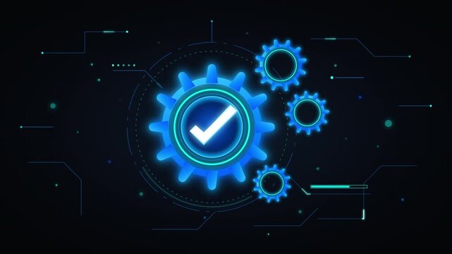Animation of glowing blue gears spinning on a dark futuristic digital interface with a checkmark. Concept of automated quality control, system update success, and efficient data processing