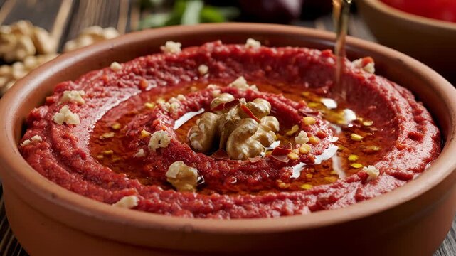 Delicious Red Pepper Dip with Walnuts and Olive Oil Drizzled.