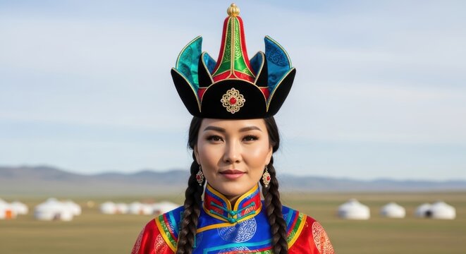 Portrait of a Mongolian woman, Mongolia, wearing a flowing ceremonial deel dress, nostalgic, proud and dreaming facial expression