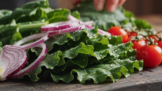 Fresh Green Leafy Vegetables and Ripe Tomatoes Prepared for Healthy Meal.