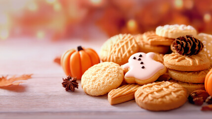 Fototapeta premium Autumn inspired assortment of cookies with pumpkin, pinecone and spices on wooden surface with warm background