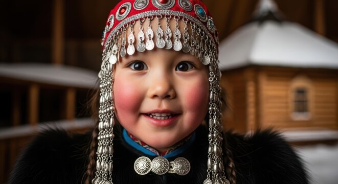 Portrait of a surprised Yakut girl, wearing ceremonial silver headpiece and Saha dress, Yakutia, Russia, expression of joy and wonder