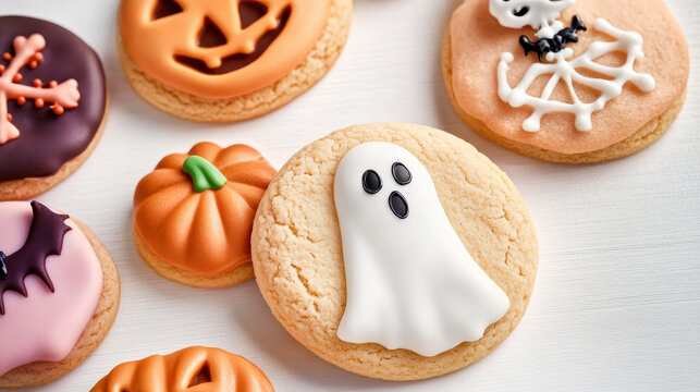 Halloween Themed Sugar Cookies with Ghost, Pumpkin, Bat, and Spider Web Decorations Perfect for Halloween Party Treats
