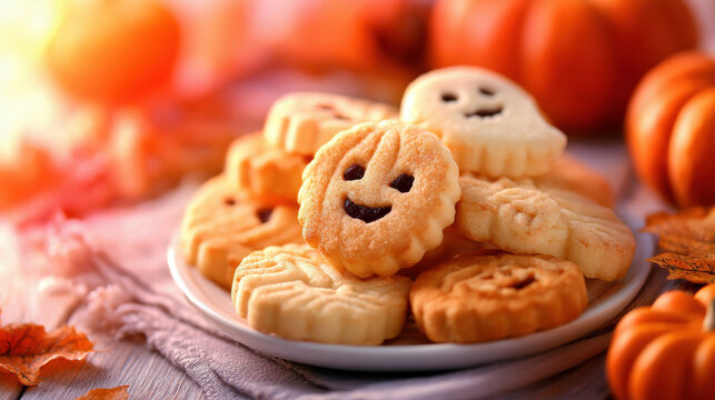 Halloween themed cookies with pumpkin and ghost designs on plate with autumn decorations and pumpkins