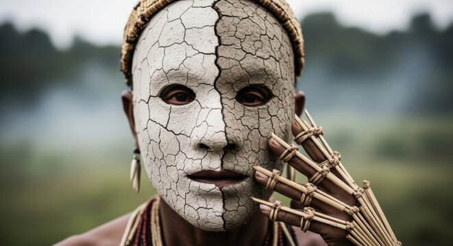 Portrait of an Asaro elder, Papua New Guinea, wearing a two tone white and gray clay mask with cracks, proud and solemn facial expression