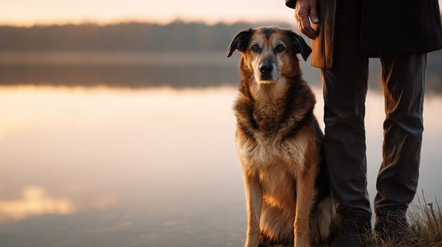 Senior shepherd-mix dog with a silver muzzle sits faithfully beside his elderly owner at dusk by a calm lake, golden-hour scene of enduring companionship and quiet reflection