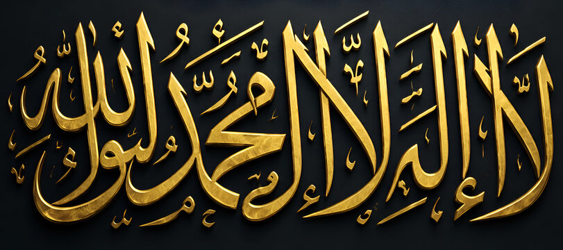 Elegant arabic calligraphy featuring the powerful Islamic phrase &ldquo;La Ilaha Illallah Muhammadur Rasulullah.&rdquo; Designed with traditional Islamic artistic elements, this typography ideal for islam wall de