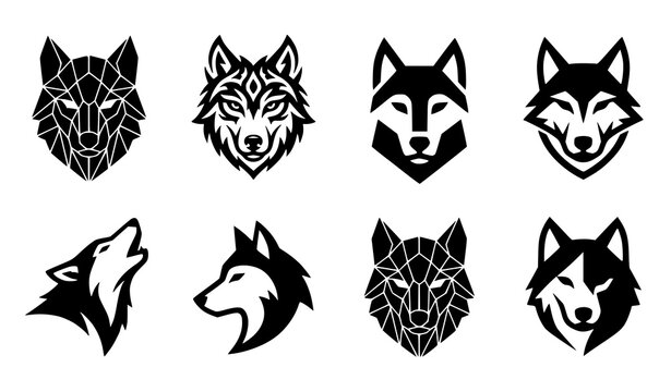 Modern geometric wolf head silhouette icon collection with minimalist wildlife vector symbols