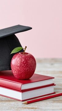 Graduation cap and red apple on stacked books with pencil