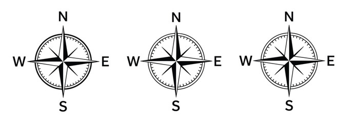 Three identical black and white compass rose with cardinal directions n e s w arranged in a horizontal row on a plain white background © Vector By Thakur