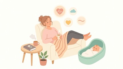 Obraz premium Mother is seated in a chair with a blanket over her legs. She holds a drink and watches over her newborn in a nearby cradle.