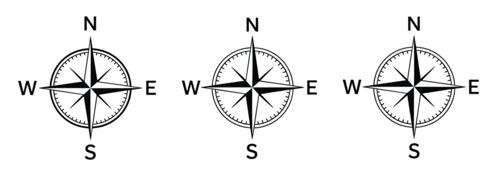 Three identical black and white compass rose with cardinal directions n e s w arranged in a horizontal row on a plain white background