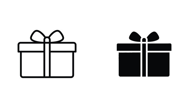 Minimalist gift box icon set featuring outline and solid black silhouette styles for festive holiday design and e-commerce shopping interface graphics isolated on white background