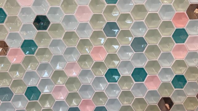 Mosaic tiles ceramic art background. Wall pattern colorful hexagon mosaic backdrop. Modern interior design. Cells shape pattern. Pastel colors 