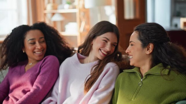 Smiling girls falling couch enjoying time together at domestic weekend closeup. 