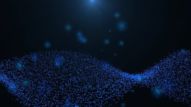 Abstract background animation of a flowing blue data wave made of glowing particles and bokeh lights. Dynamic futuristic neon particle field element on a transparent alpha channel background