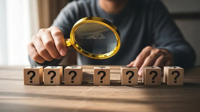 Hand holds magnifying glass over wooden blocks with question marks. Person examines symbols, suggesting deep thought or analysis. Soft lighting highlights focus and curiosity