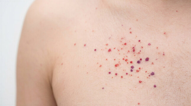 A macro close-up of skin on the chest area with scattered petechial hemorrhages, small round spots in varying shades of red and purple.