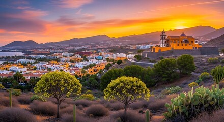 Obraz premium Colorful Coastal Town Overlooked by Historic Church at Sunset in Mountain Landscape
