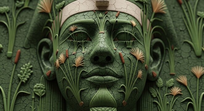 Close up of Geb, Egyptian deity of earth and nature with cracked green skin, papyrus plants and grasses growing on his face, digital art style