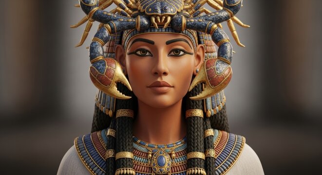 Close up of the Egyptian goddess Serket depicted as a woman with a scorpion on her headdress, protective deity against stings and poisons, proud look
