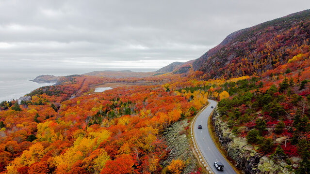 Acadia National Park Loop Road Aerial Fall Foliage Cars Maine