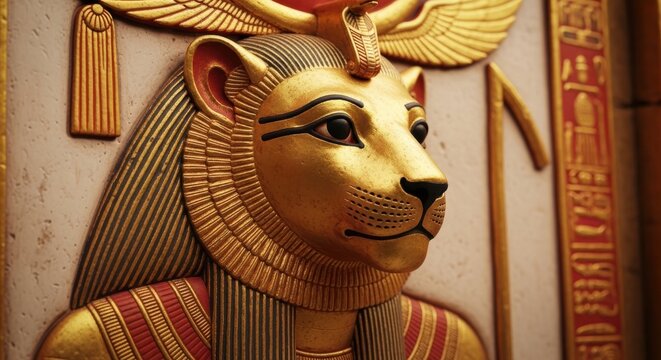 Golden bas relief of the Egyptian goddess Sekhmet, lioness deity of war and healing, proud profile with sun disk and hieroglyphs