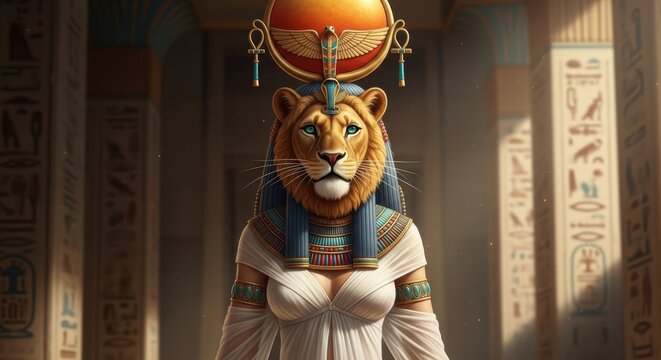 Tefnut, Egyptian goddess of moisture, deity with lioness head and sun disk with uraeus, symbol of cosmic power in ancient Egypt temple