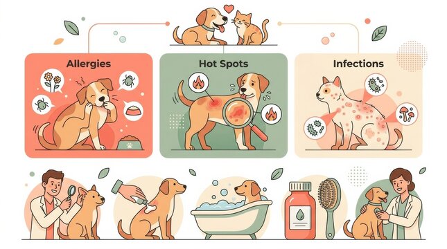 Visuals show common skin conditions in pets. Dogs and cats are depicted with allergies, hot spots, and infections alongside veterinary care actions.