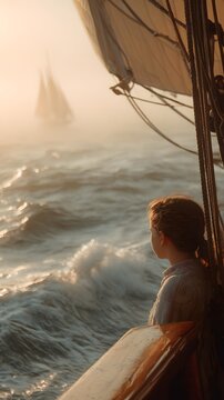 Young girl look out deck of sailing boat onto mist shrouded morning landscape over vast Pacific Ocean golden sunlight illuminating rolling wave behind blurred sailboat distance serene landscape photo