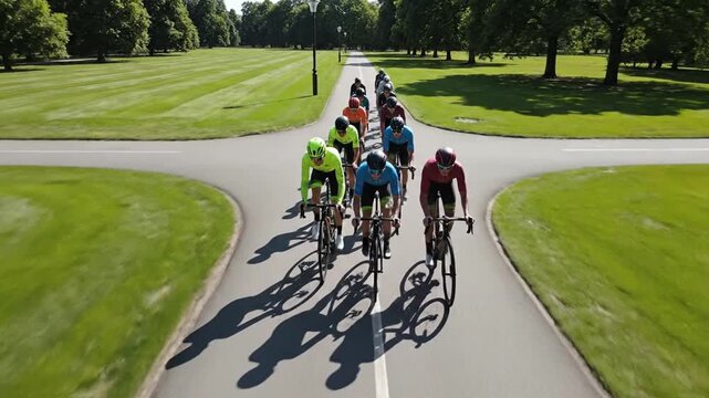 Cycling team training on park road: group of cyclists riding bicycles in peloton formation for fitness and sport competition